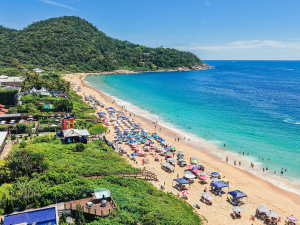 Praia do Estaleirinho com vegetação preservada e mar agitado